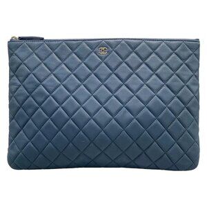 Auth CHANEL Matelasse Blue Gray Lambskin Clutch Bag